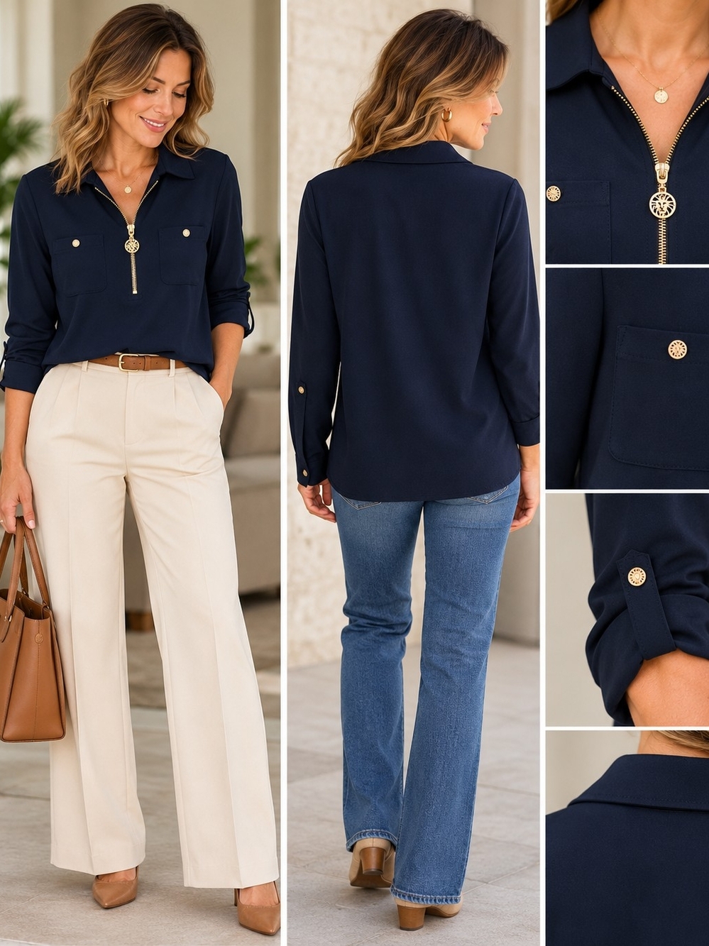 Anne Klein Navy Blue Gold Zip Collared Blouse Top Women’s Medium M
